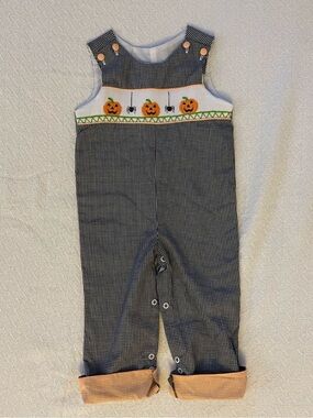 Stellybelly Smocked Pumpkin and Spider Black and Orange Gingham Longalls